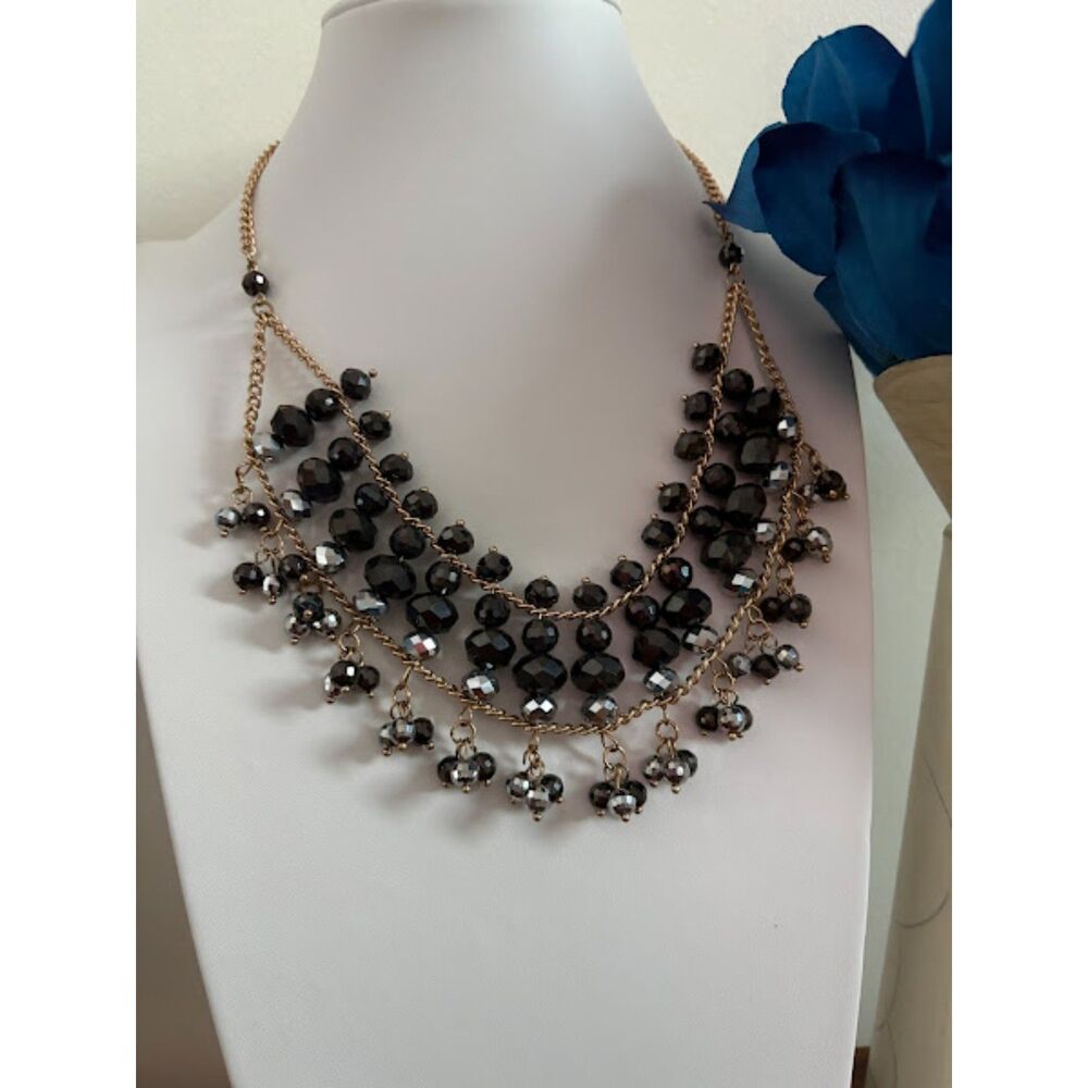 Chico's Stunning Multilayered Black Beaded Necklace 17"